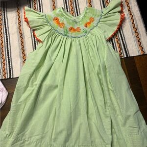 Smocked Green Gingham Dress with Fish Embroidery